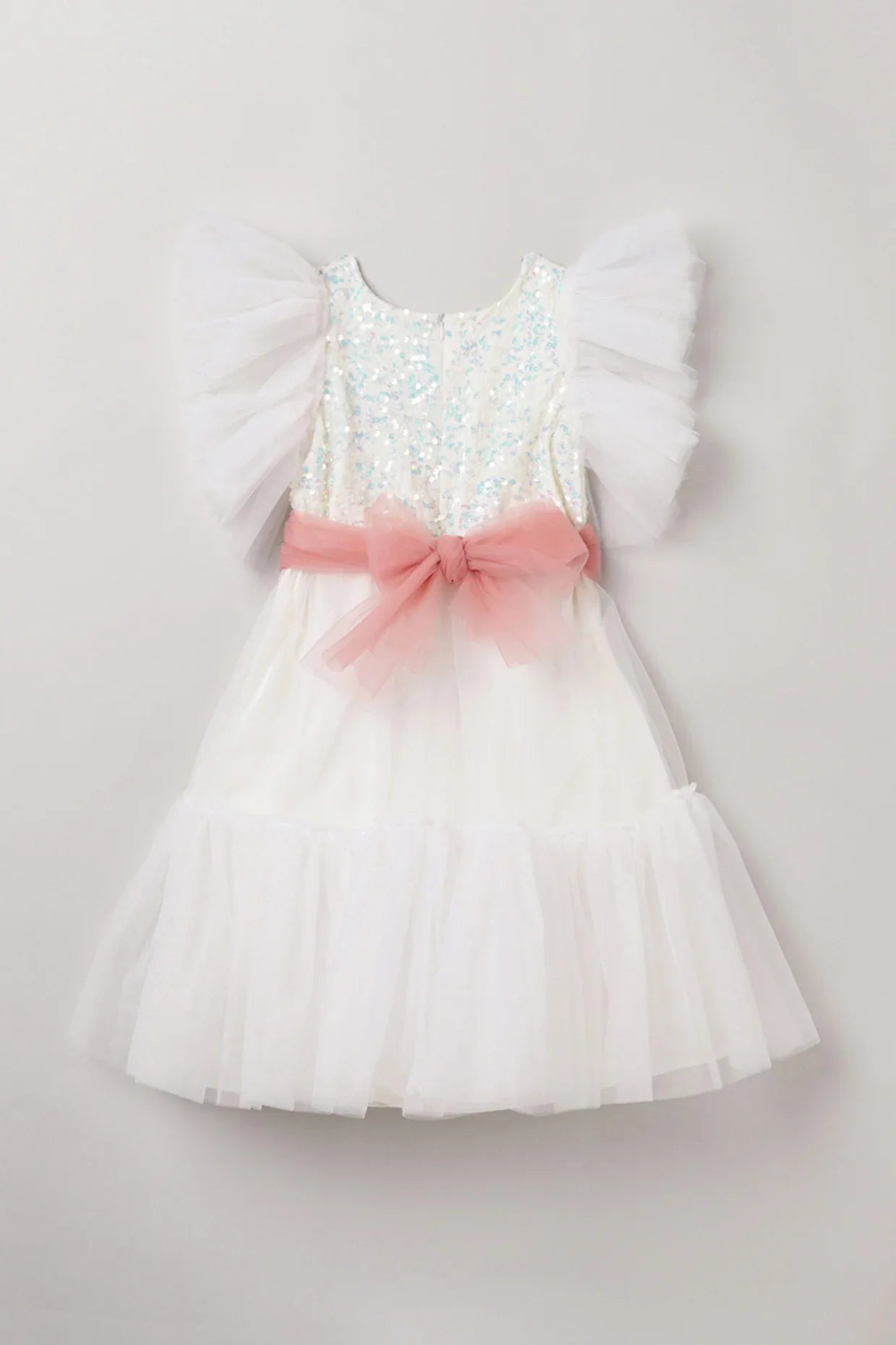 White Dress with Pastel Pink Sash and Velvet Sequin Detailing - BYB PREMIUM