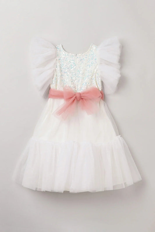 White Dress with Pastel Pink Sash and Velvet Sequin Detailing - BYB PREMIUM