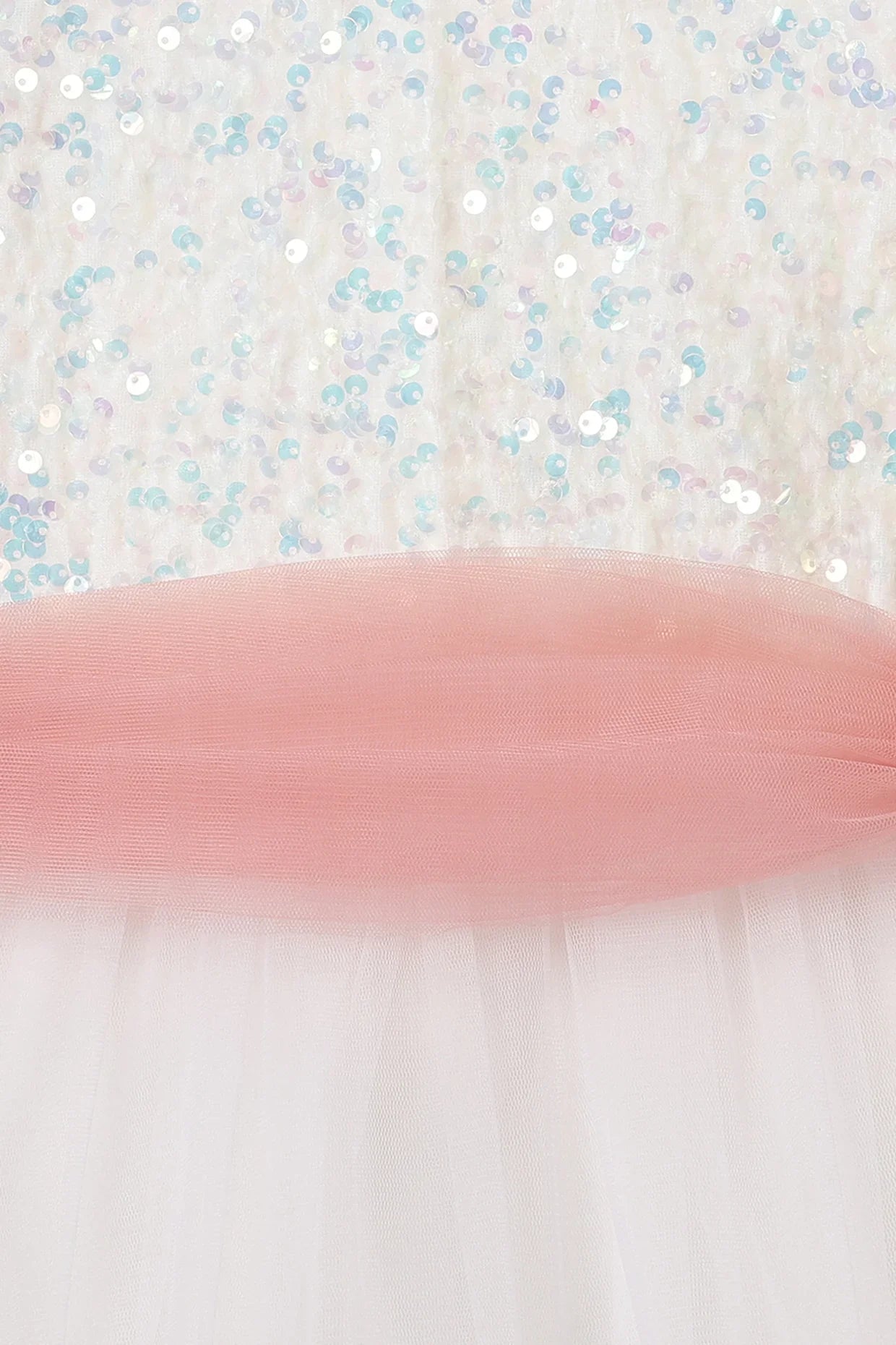 White Dress with Pastel Pink Sash and Velvet Sequin Detailing - BYB PREMIUM