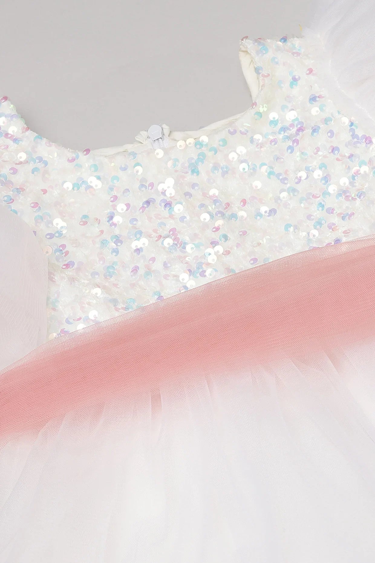 White Dress with Pastel Pink Sash and Velvet Sequin Detailing - BYB PREMIUM