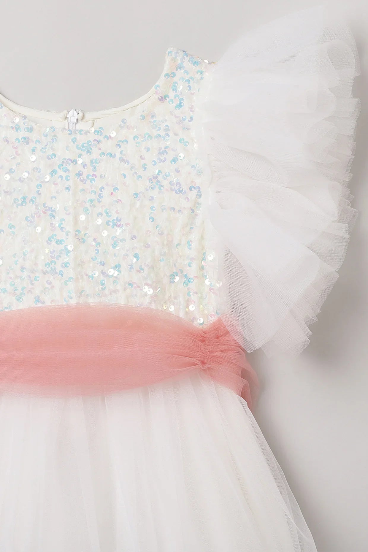 White Dress with Pastel Pink Sash and Velvet Sequin Detailing - BYB PREMIUM