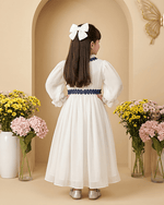 Load image into Gallery viewer, White Georgette Girls Midi Dress with Puff Sleeves & Crepe Lining - BYB PREMIUM