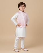Load image into Gallery viewer, White Kurta Pyjama Set with Baby Pink Raw Silk Embroidered Jacket for Boys - BYB PREMIUM