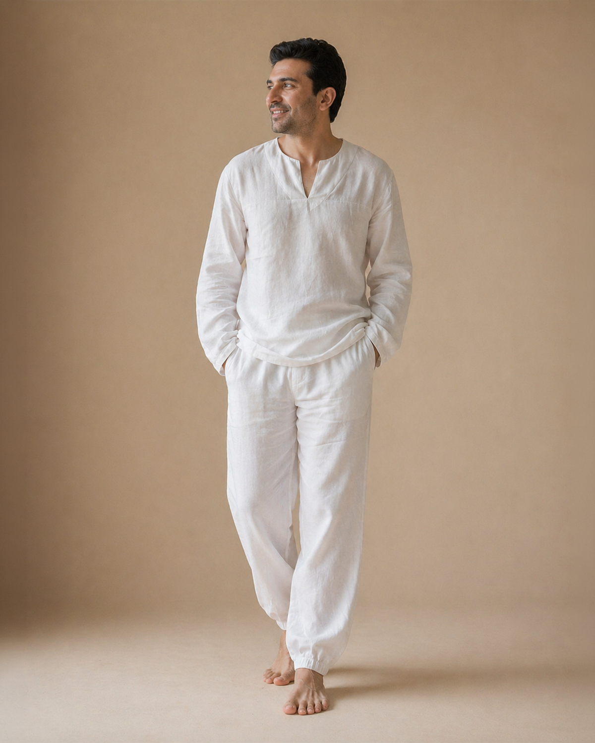 Men’s off white linen co ord set – v neck kurta top & pants