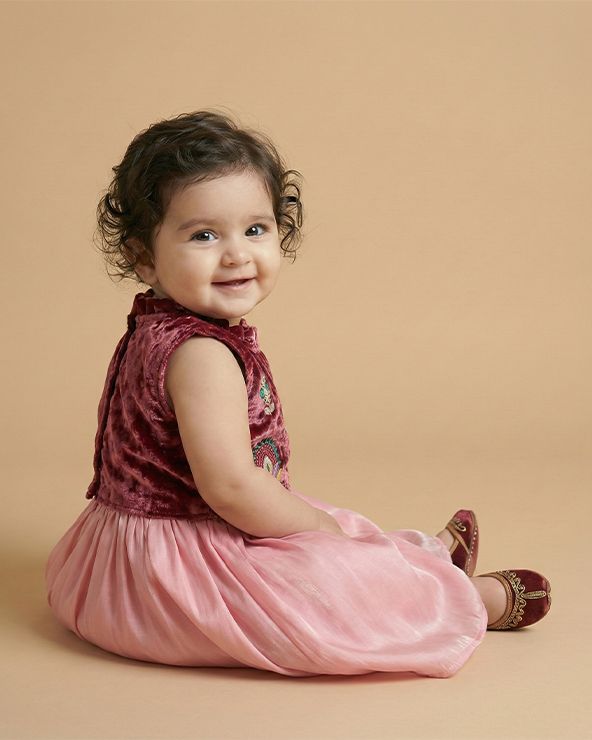 Wine Velvet Blouse with Pink Organza Skirt Set for Baby Girls - BYB PREMIUM
