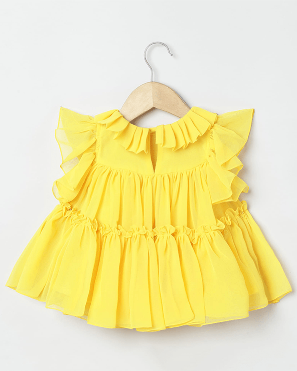 Yellow chiffon woven frill sleeve solid dress for girls byb premium