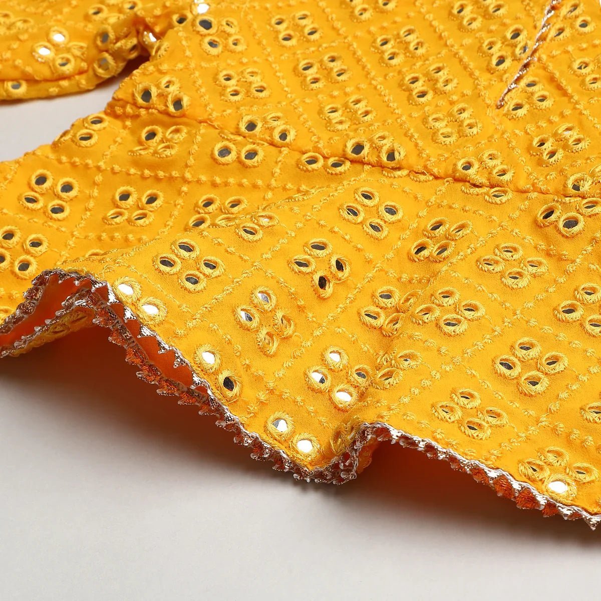 Yellow & gold mirror work lehenga set for girls | georgette & art silk byb premium