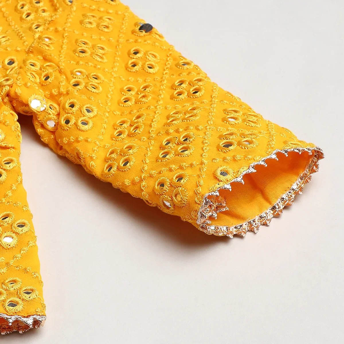 Yellow & gold mirror work lehenga set for girls | georgette & art silk byb premium