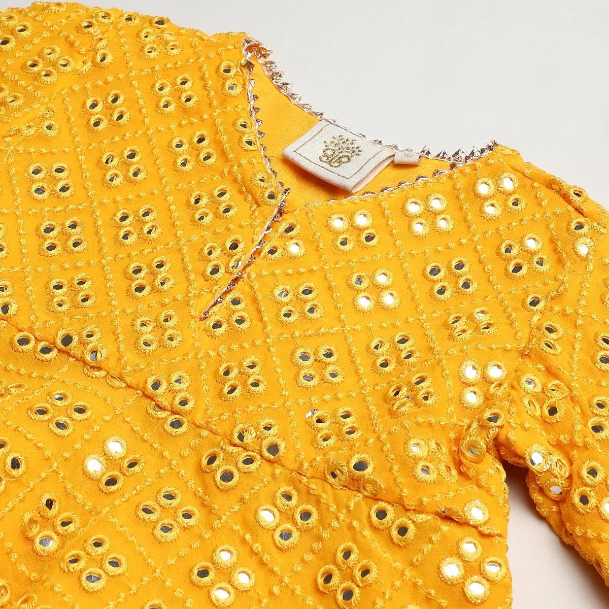 Yellow & gold mirror work lehenga set for girls | georgette & art silk byb premium