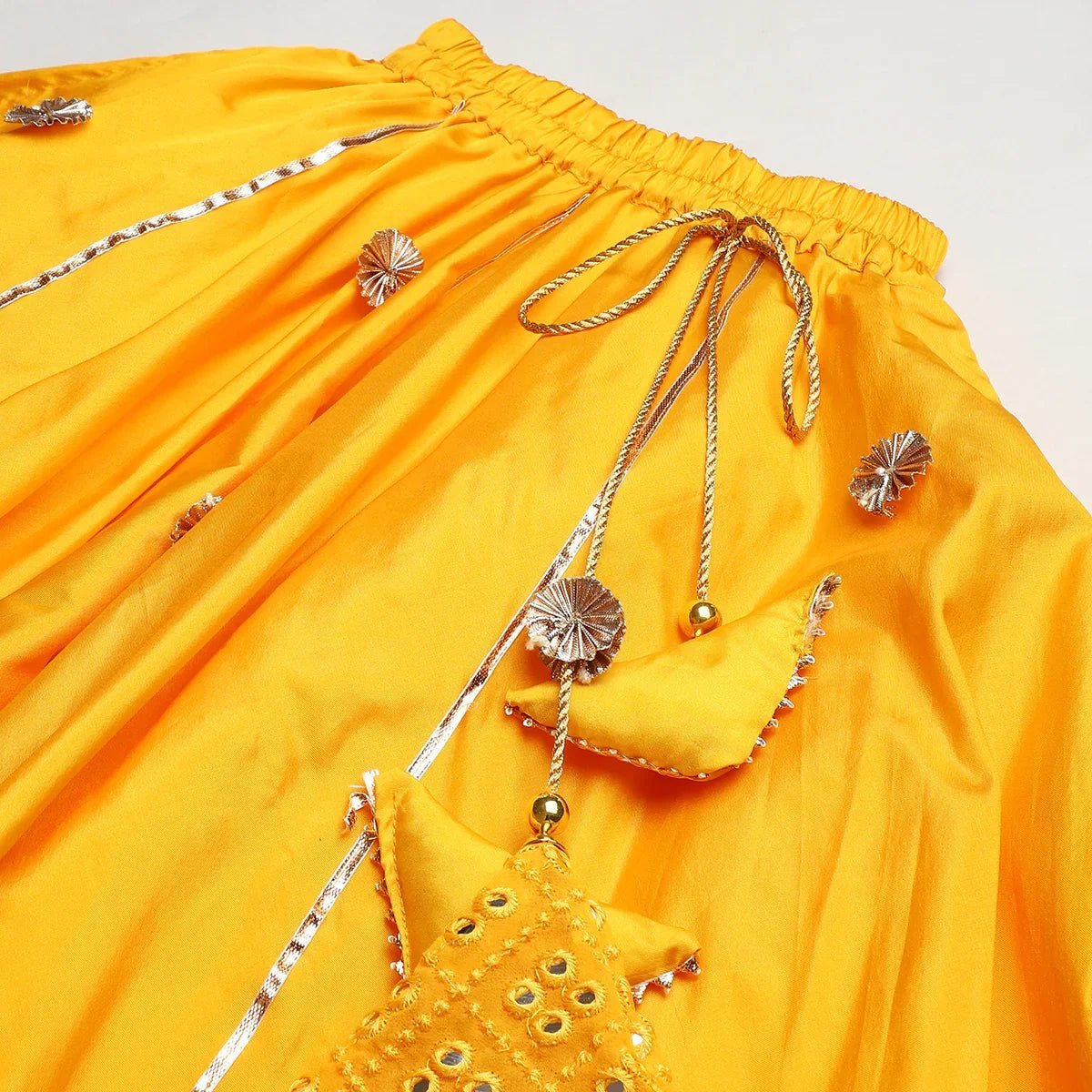 Yellow & gold mirror work lehenga set for girls | georgette & art silk byb premium