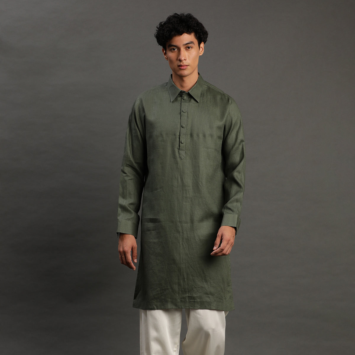 2Pcs Olive Linen Kurta Set