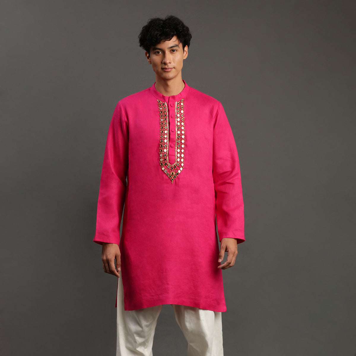 Fuchsia Pink Linen Kurta Pyjama Set for Men