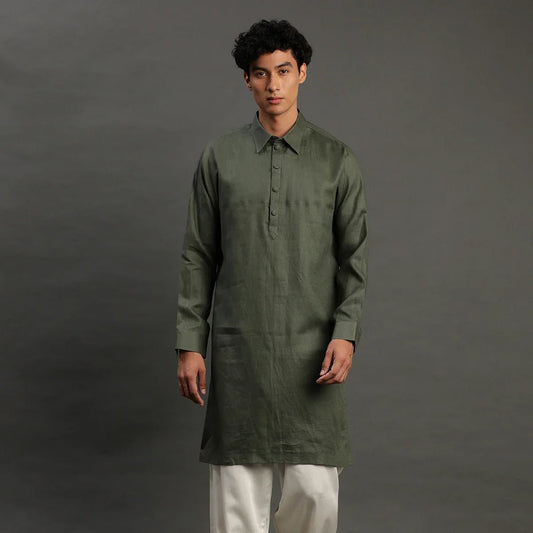 2Pcs Olive Linen Kurta Set - BYB PREMIUM
