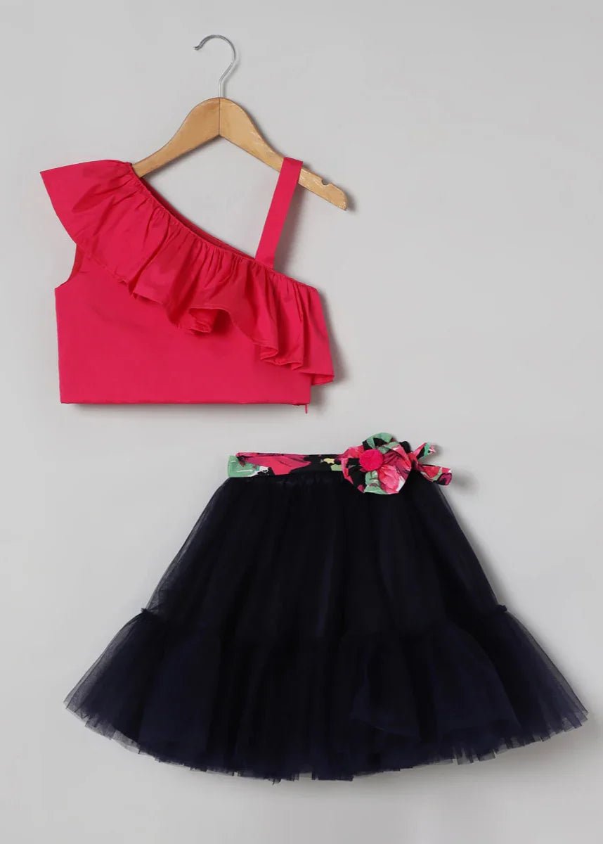 Hot pink one shoulder top & black tulle skirt set byb premium