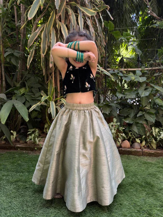 Hand Embroidered Green Velvet Top And Lehenga