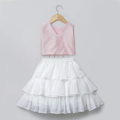 Baby Pink & White Embroidered Top with Tiered Skirt Set
