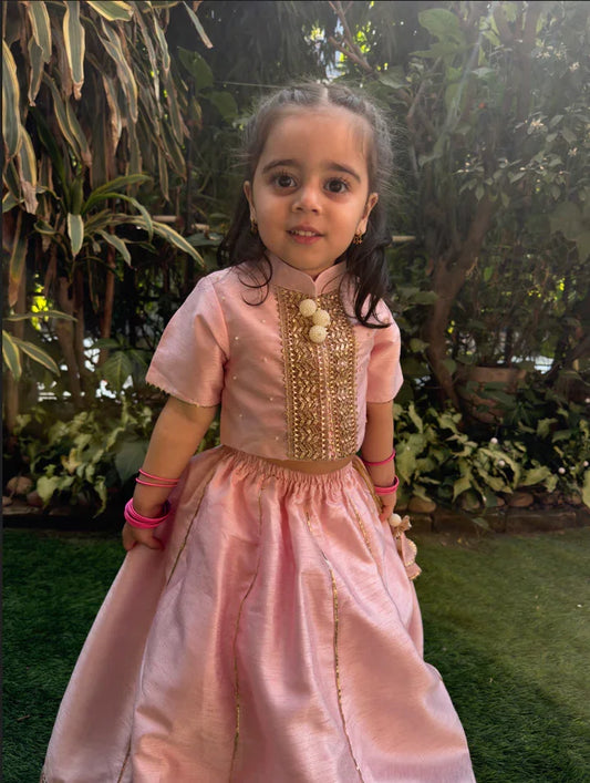Baby pink raw silk goat work anarkali skirt and top set