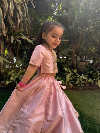 Baby pink raw silk goat work anarkali skirt and top set