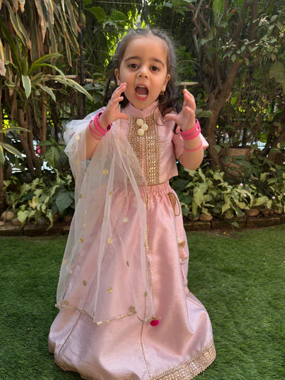 Baby pink raw silk goat work anarkali skirt and top set