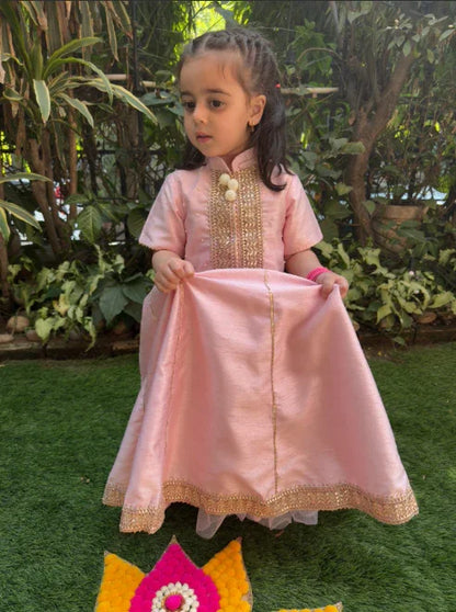 Baby pink raw silk goat work anarkali skirt and top set