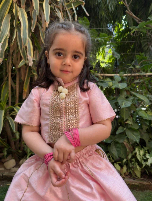 Baby pink raw silk goat work anarkali skirt and top set
