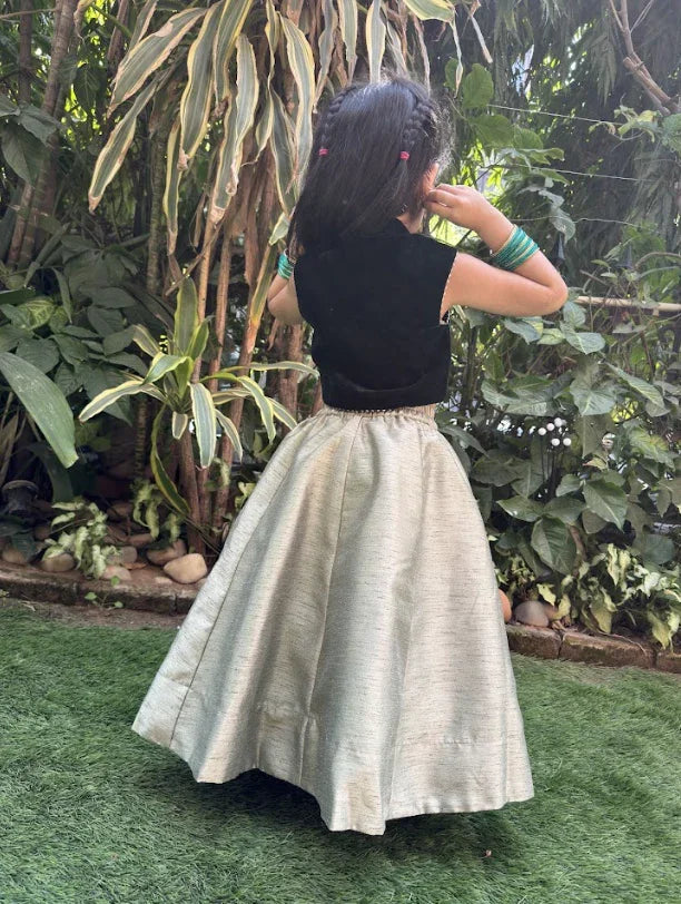 Hand Embroidered Green Velvet Top And Lehenga