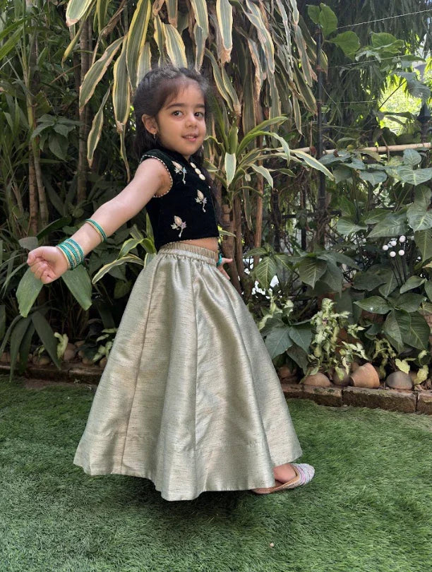 Hand Embroidered Green Velvet Top And Lehenga