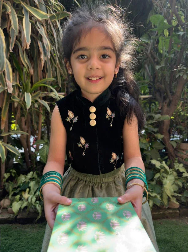 Hand Embroidered Green Velvet Top And Lehenga