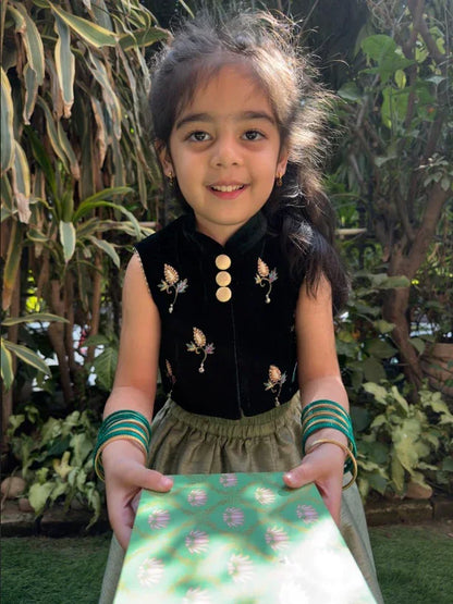 Hand Embroidered Green Velvet Top And Lehenga