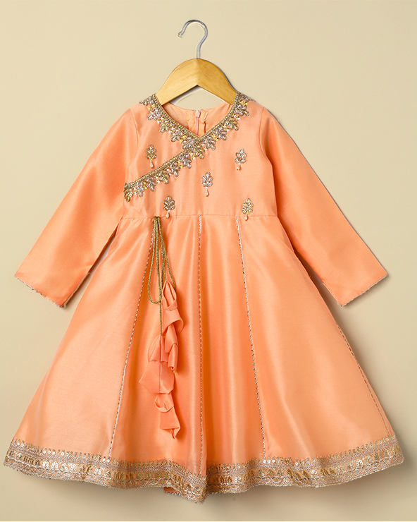 Peach Chanderi Silk Anarkali for Girls with Hand Embroidery