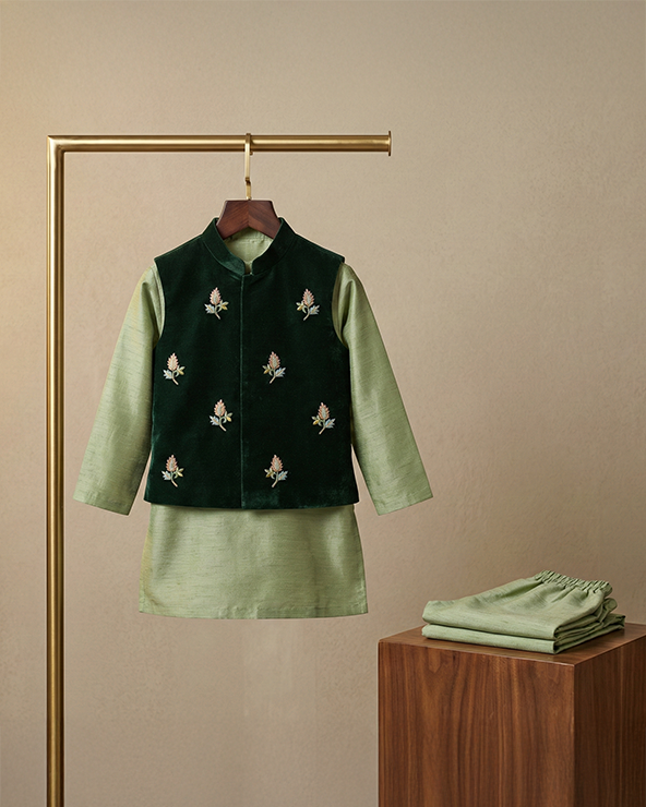 Sage raw silk kurta set for boys with velvet bandi