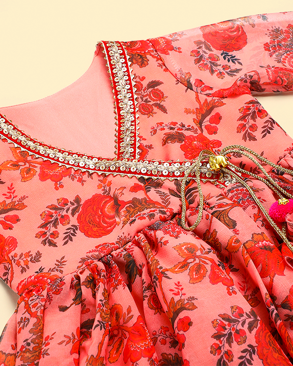 Peach Floral Chiffon Top Sharara Set for Girls