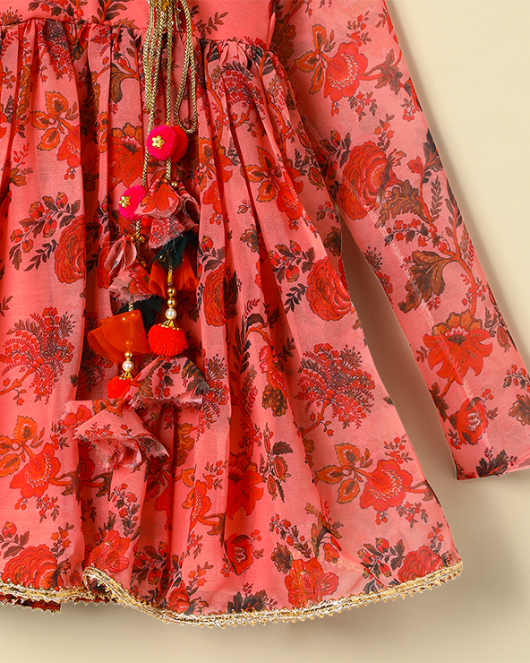 Peach Floral Chiffon Top Sharara Set for Girls