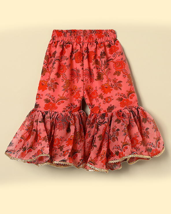 Peach Floral Chiffon Top Sharara Set for Girls