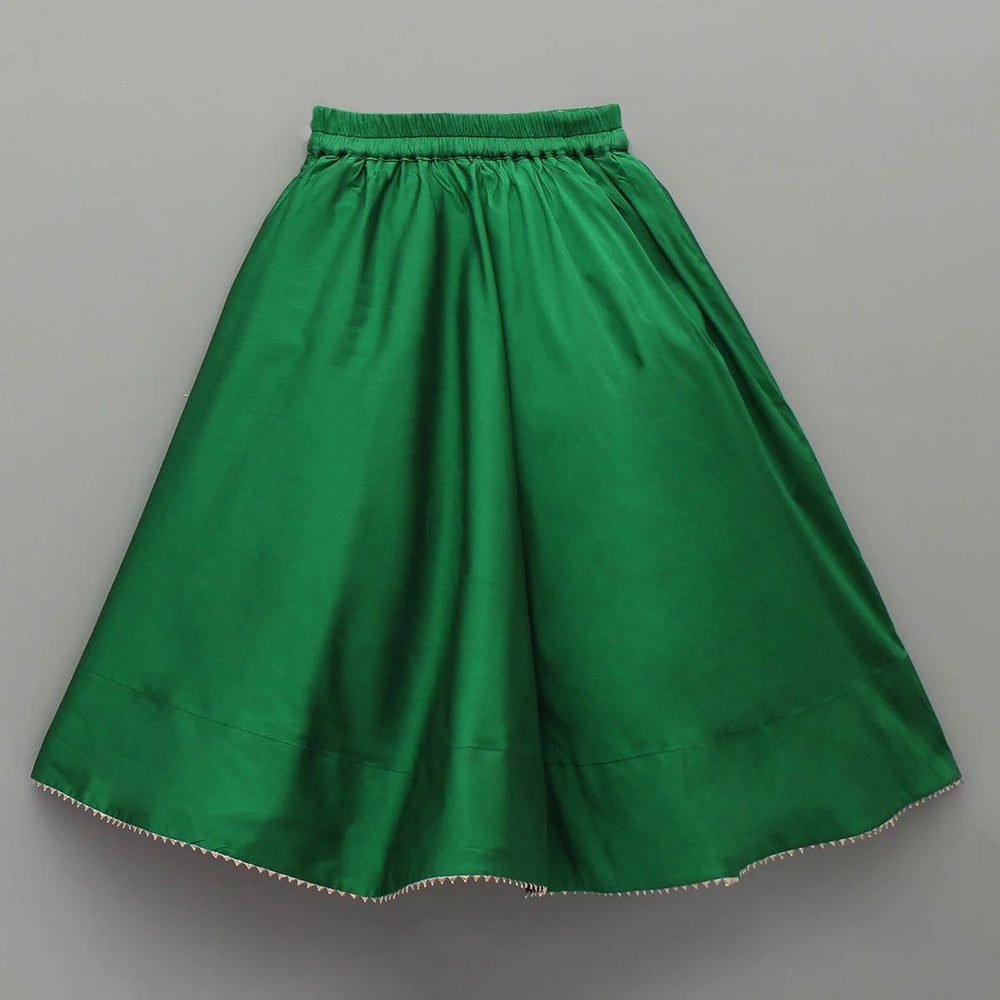 Girls pink taffeta silk embroidered lehenga set with green skirt and yellow dupatta