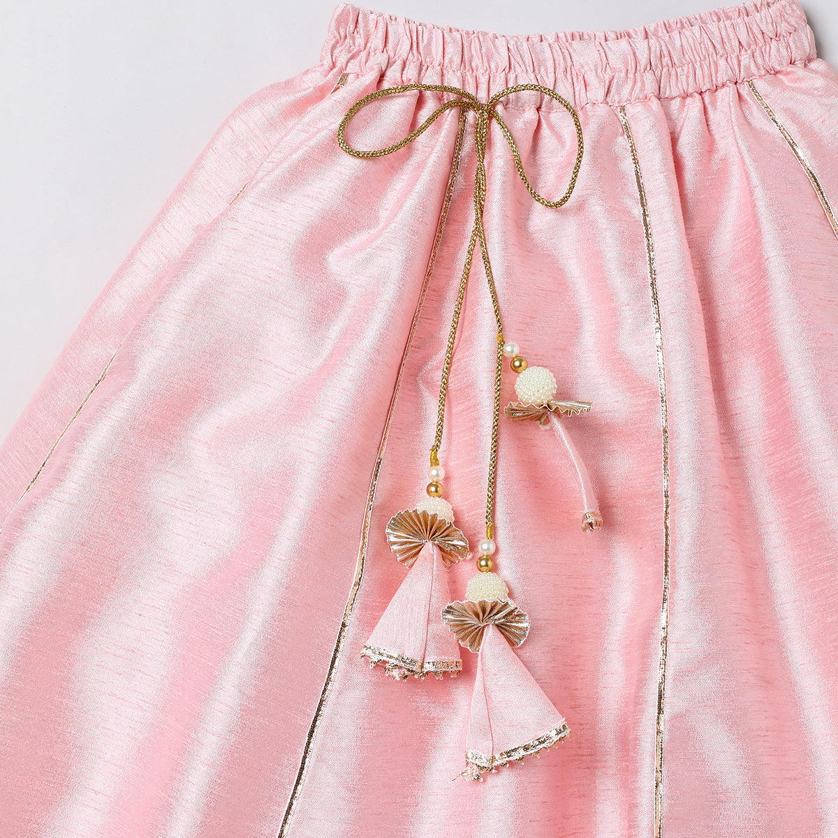 Baby pink raw silk goat work anarkali skirt and top set