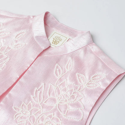 White & Baby Pink Raw Silk Kurta-Pyjama Set for Boys