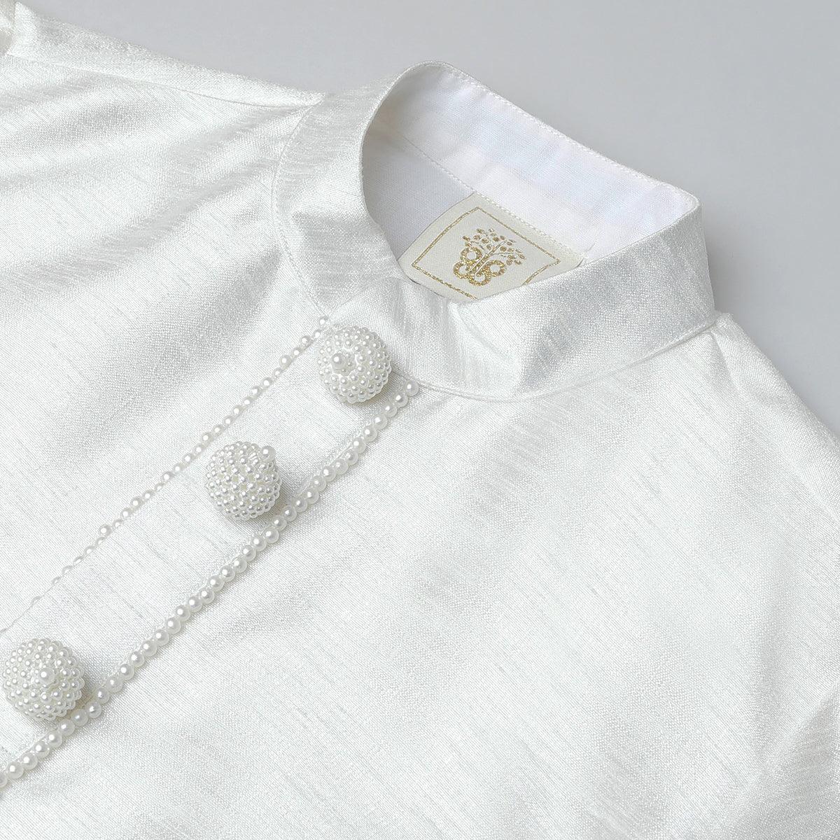 White & Baby Pink Raw Silk Kurta-Pyjama Set for Boys