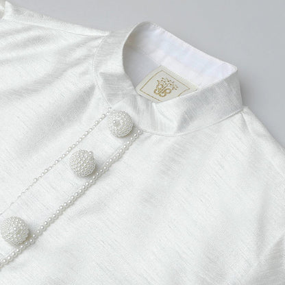 White & Baby Pink Raw Silk Kurta-Pyjama Set for Boys