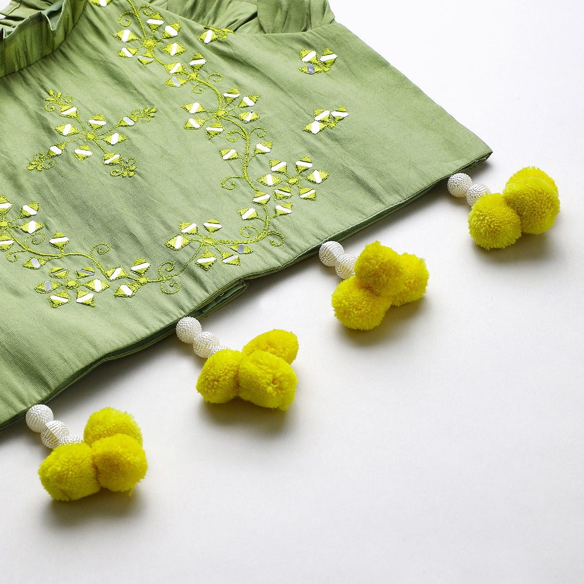 Sage green Chanderi mirror work top skirt and Dupatta