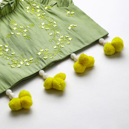 Sage green Chanderi mirror work top skirt and Dupatta