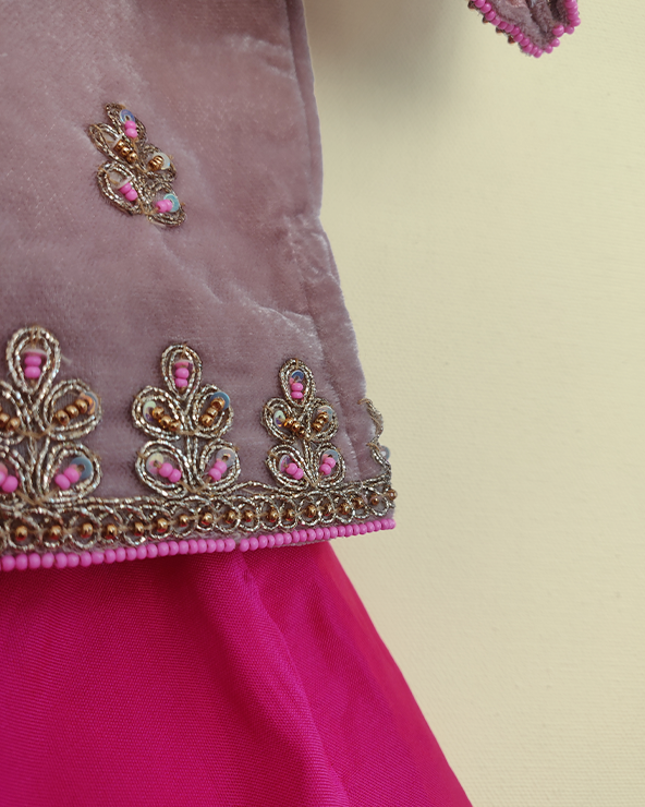 Pink velvet lehenga set for girls with dupatta