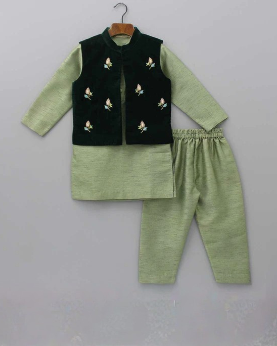 Sage Raw Silk Kurta Set for Boys with Velvet Bandi