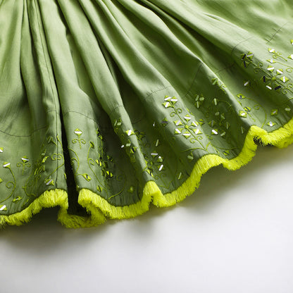 Sage green Chanderi mirror work top skirt and Dupatta