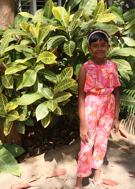 Pink And Orange Girls Summer Floral Print Rayon Jumpsuit