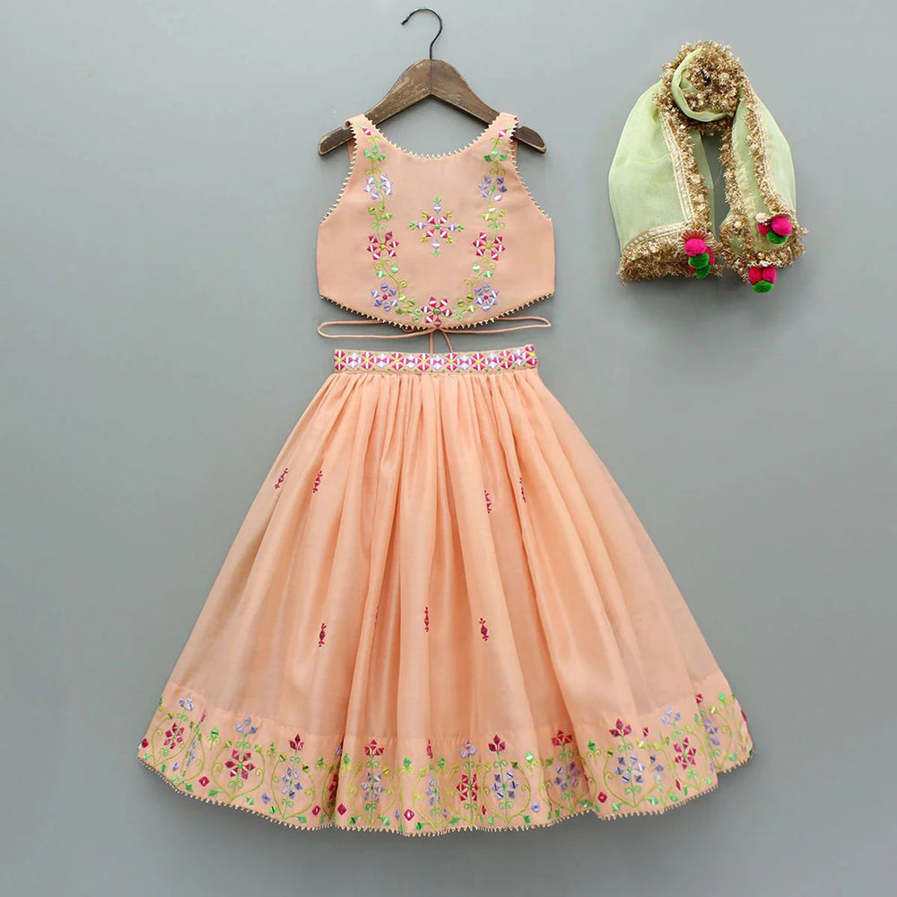 Girls Peach Chanderi Lehenga Set with Multicolor Mirror Embroidery