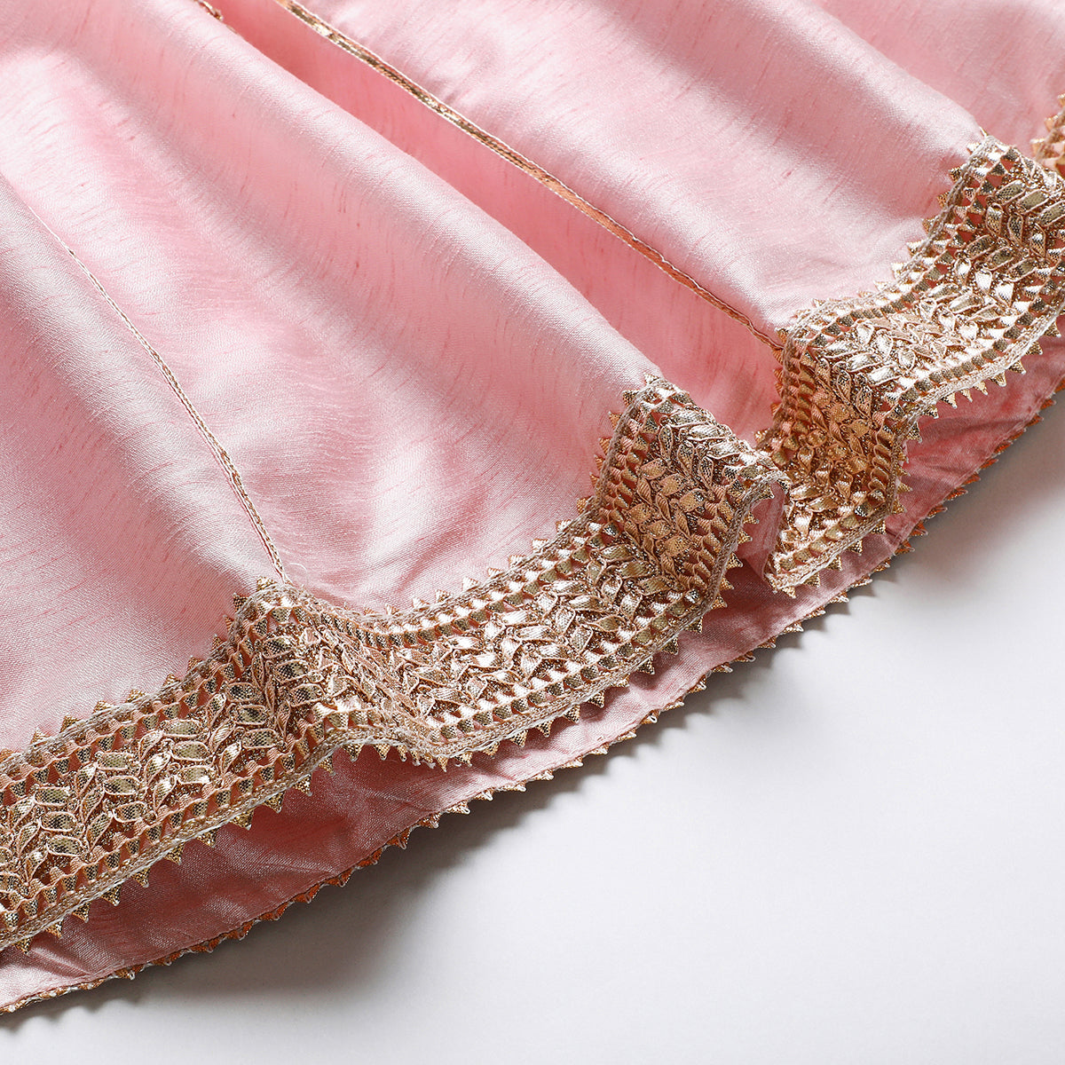 Baby pink raw silk goat work anarkali skirt and top set