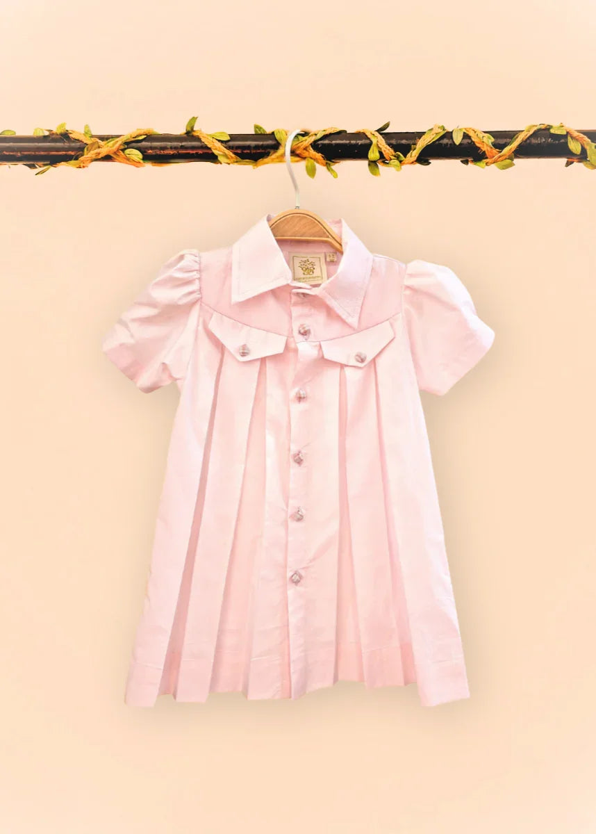 Paper poplin baby pink pleated shirt dress