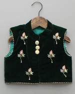 Load image into Gallery viewer, Hand Embroidered Green Velvet Top And Lehenga
