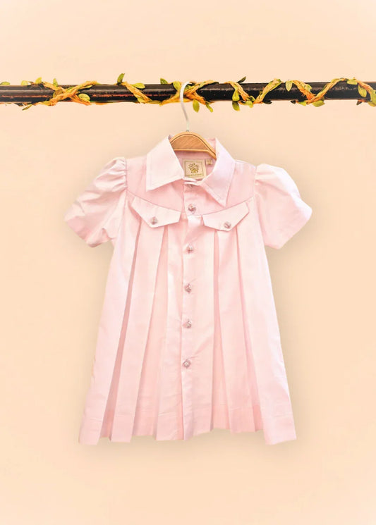 Paper poplin baby pink pleated shirt dress